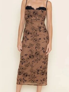 Brown Floral Slip Midi Dress with Black Lace Trim- FORE